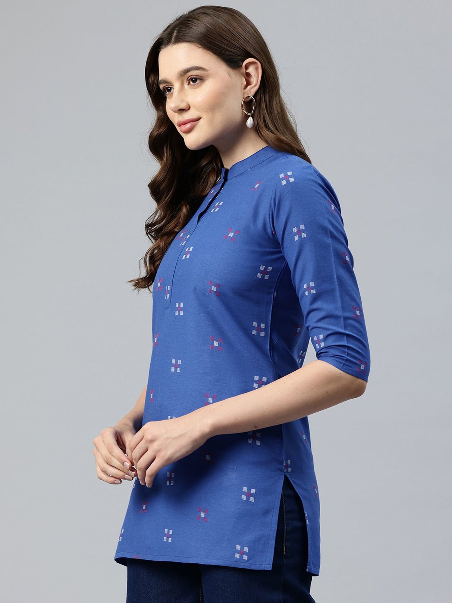 One Femme Blue Cotton Embroidered A Line Kurti