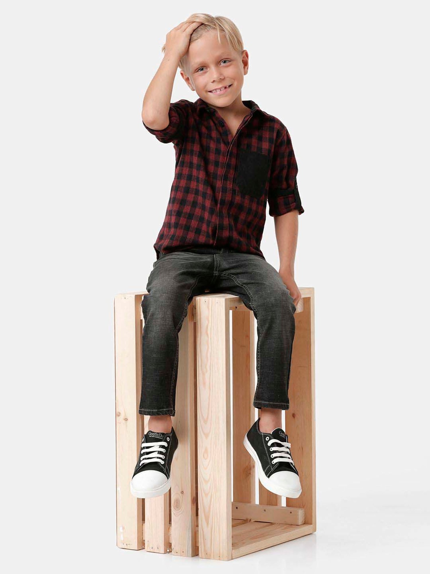 Kate & Oscar Kids Brown & Black Cotton Chequered Full Sleeves Shirt