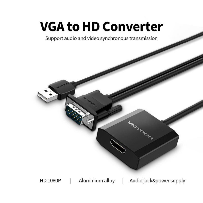 VENTION VGA to HD Adapter with USB2.0 and Audio Jack and Power Supply VGA Converter VGA Male to HD Female for Laptop/PC Connect TV Projector 0.5m (Black)