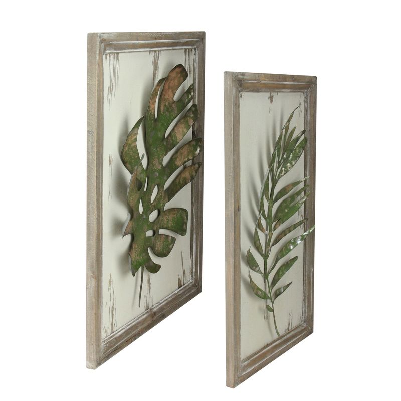 Melrose Set of 2 Rustic and Distressed Forest Green Leaf Framed Wall Plaques 19"