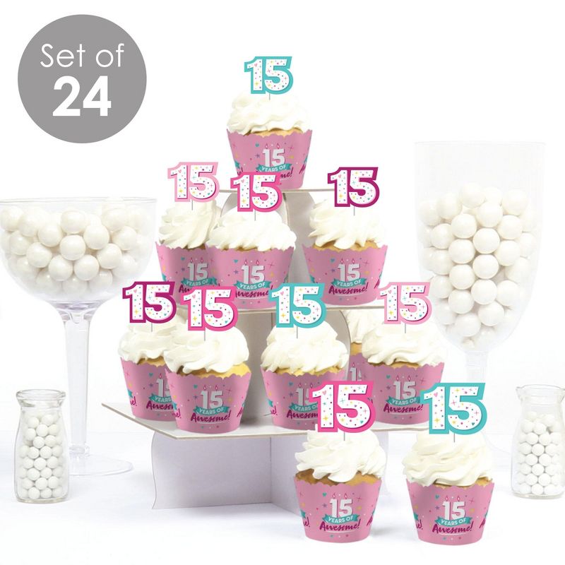 Big Dot of Happiness Girl 15th Birthday - Cupcake Decoration - Teen Birthday Party Cupcake Wrappers and Treat Picks Kit - Set of 24