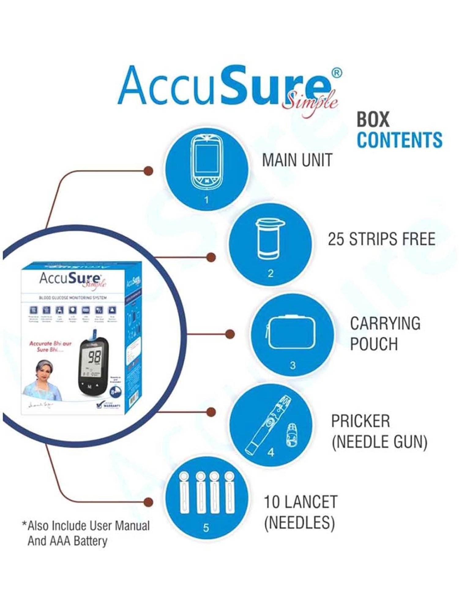 Accusure Simple Glucometer machine With 25 Test Strips (Black)