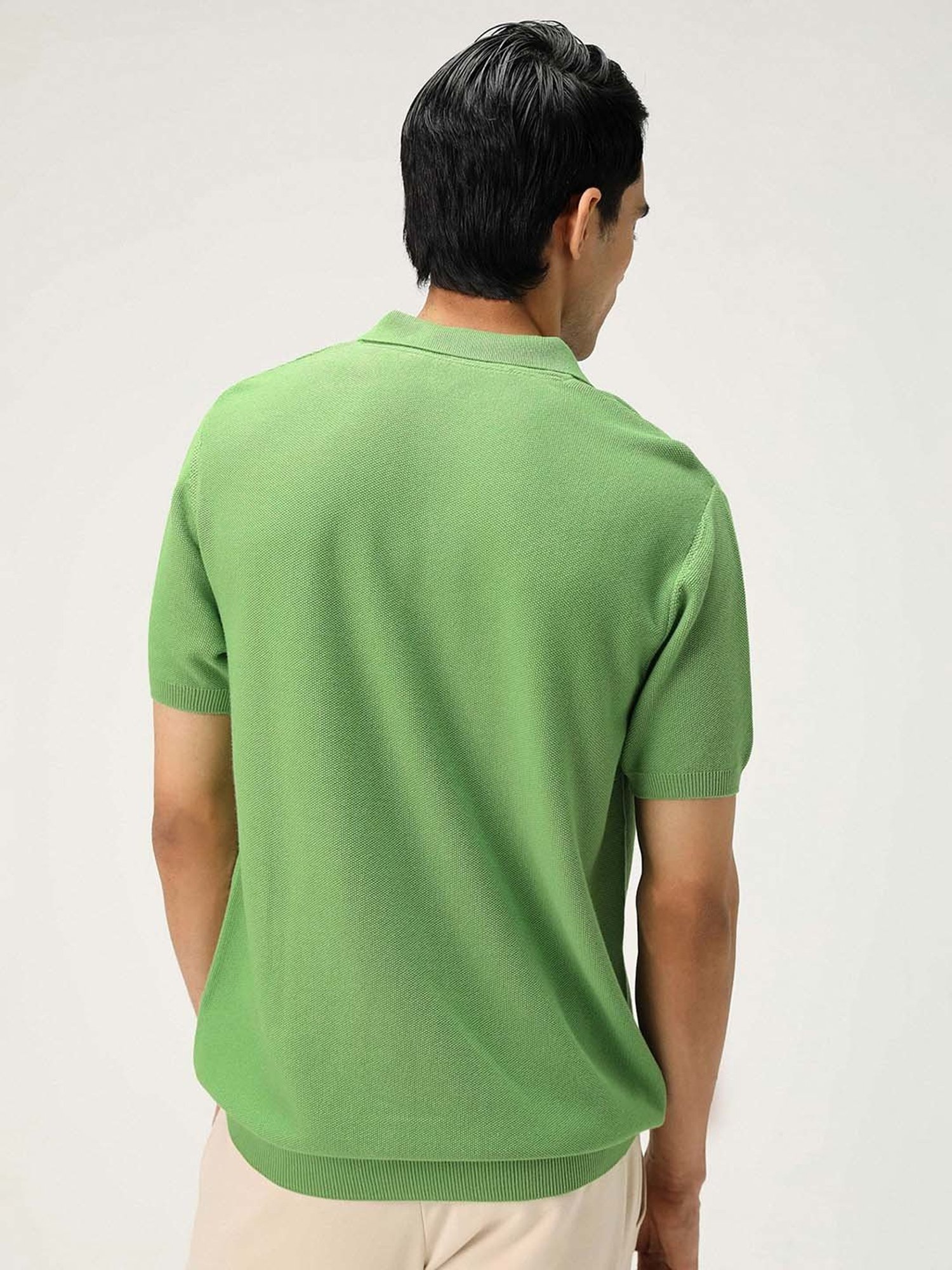 ANDAMEN Green Regular Fit Textured Polo T-Shirt