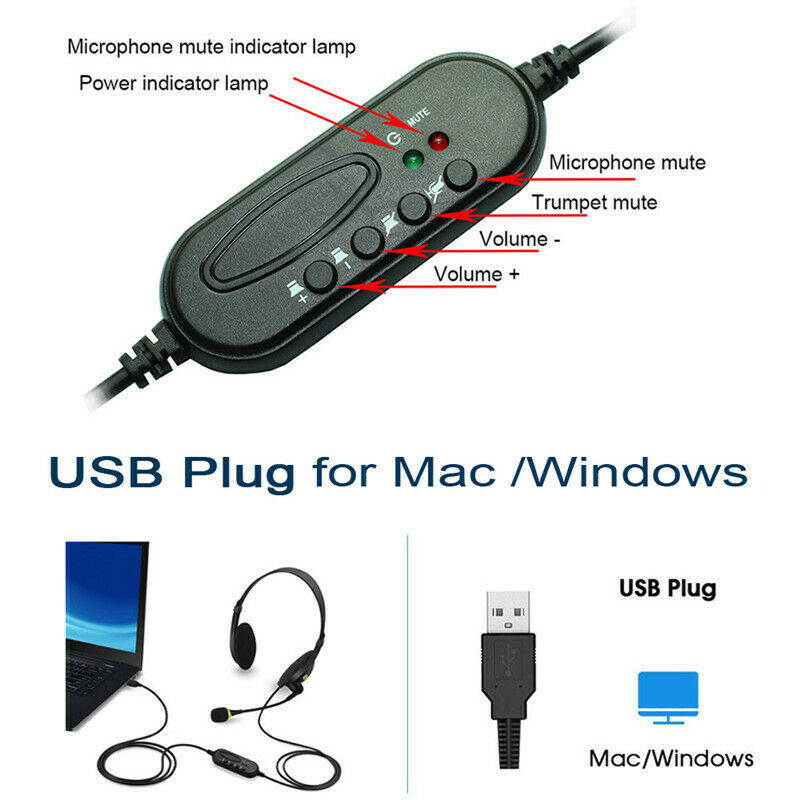 USB Headset with Microphone Noise Cancelling Computer PC Headset Lightweight