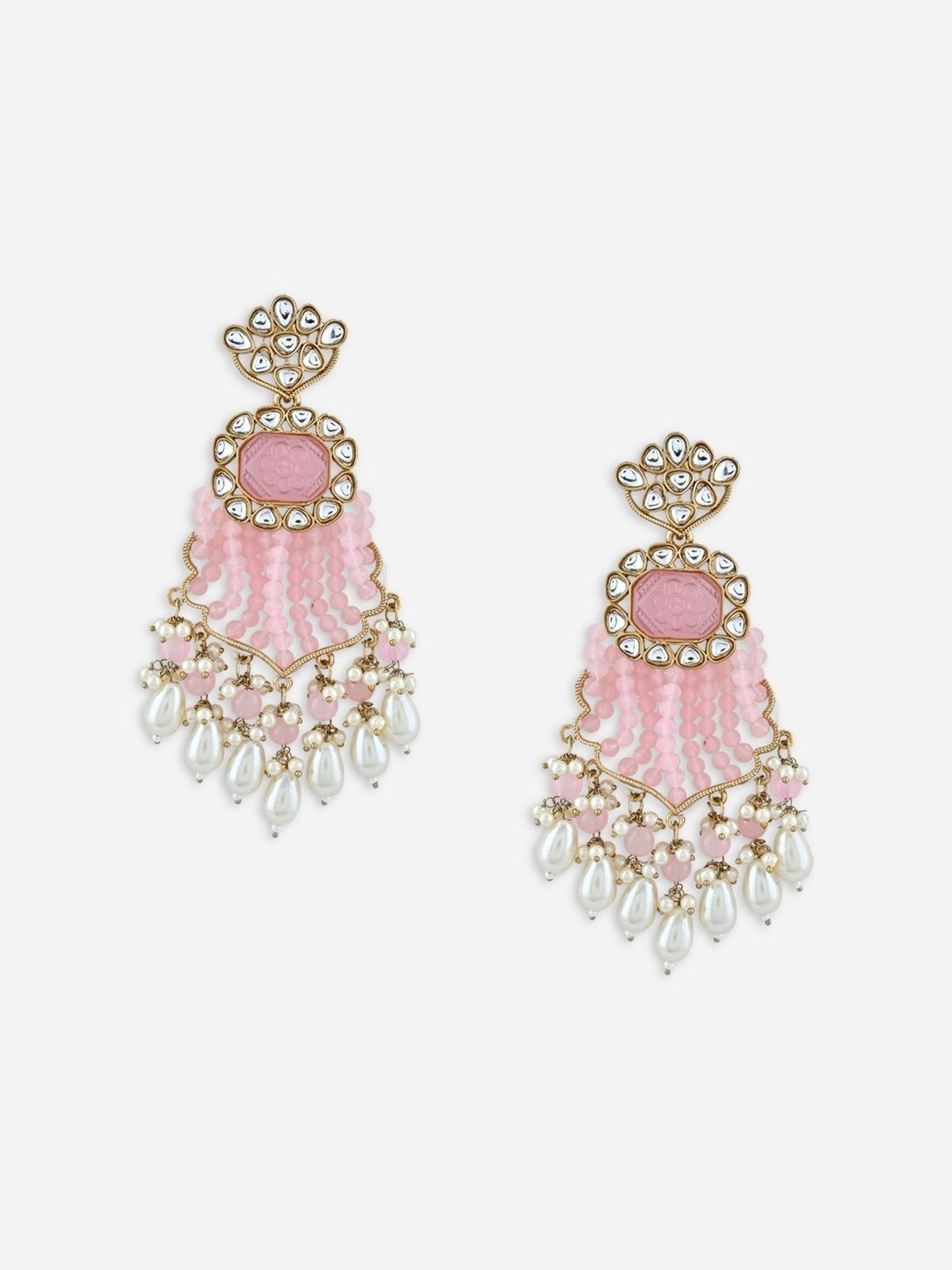 Fida Pink & White Pearl Kundan Dangler Earrings for Women