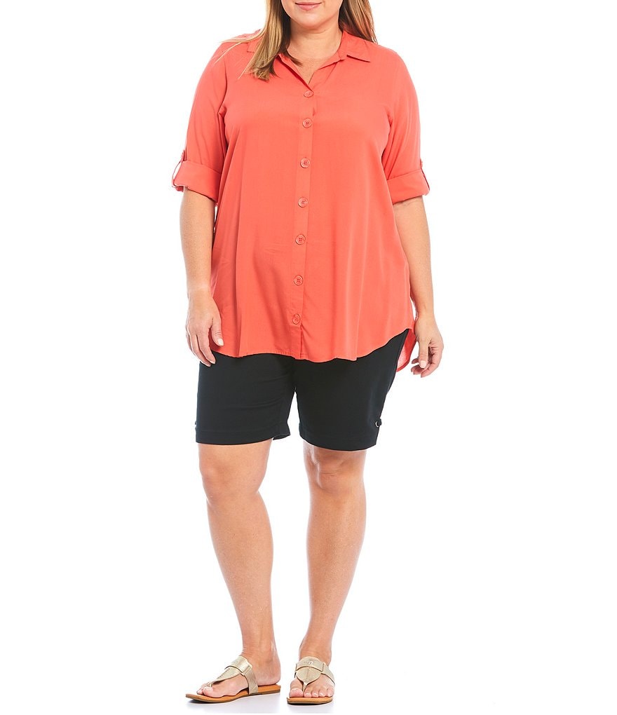 Intro Plus Size Rose Tummy Control Grommet Side Tab Hem Detail Pull-On Bermuda Shorts