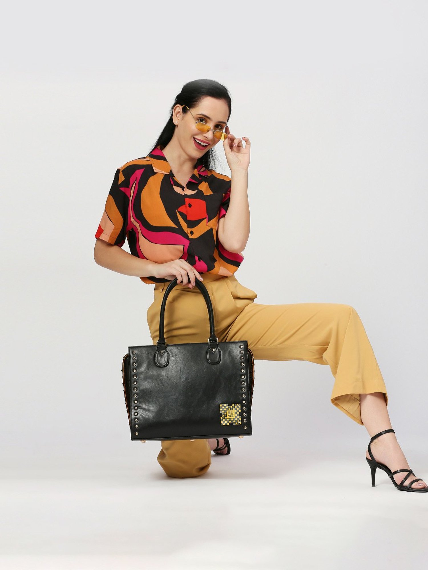 Eume Daffodil Black Leather Satchel Handbag