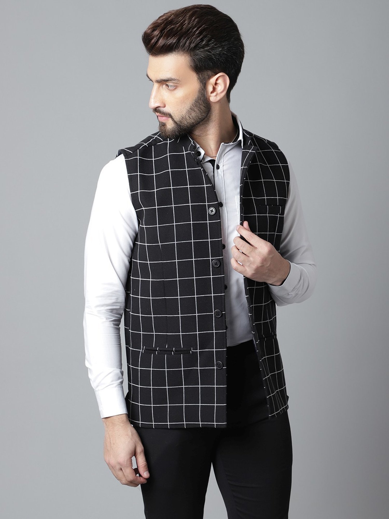 Even Black Regular Fit Checks Nehru Jacket