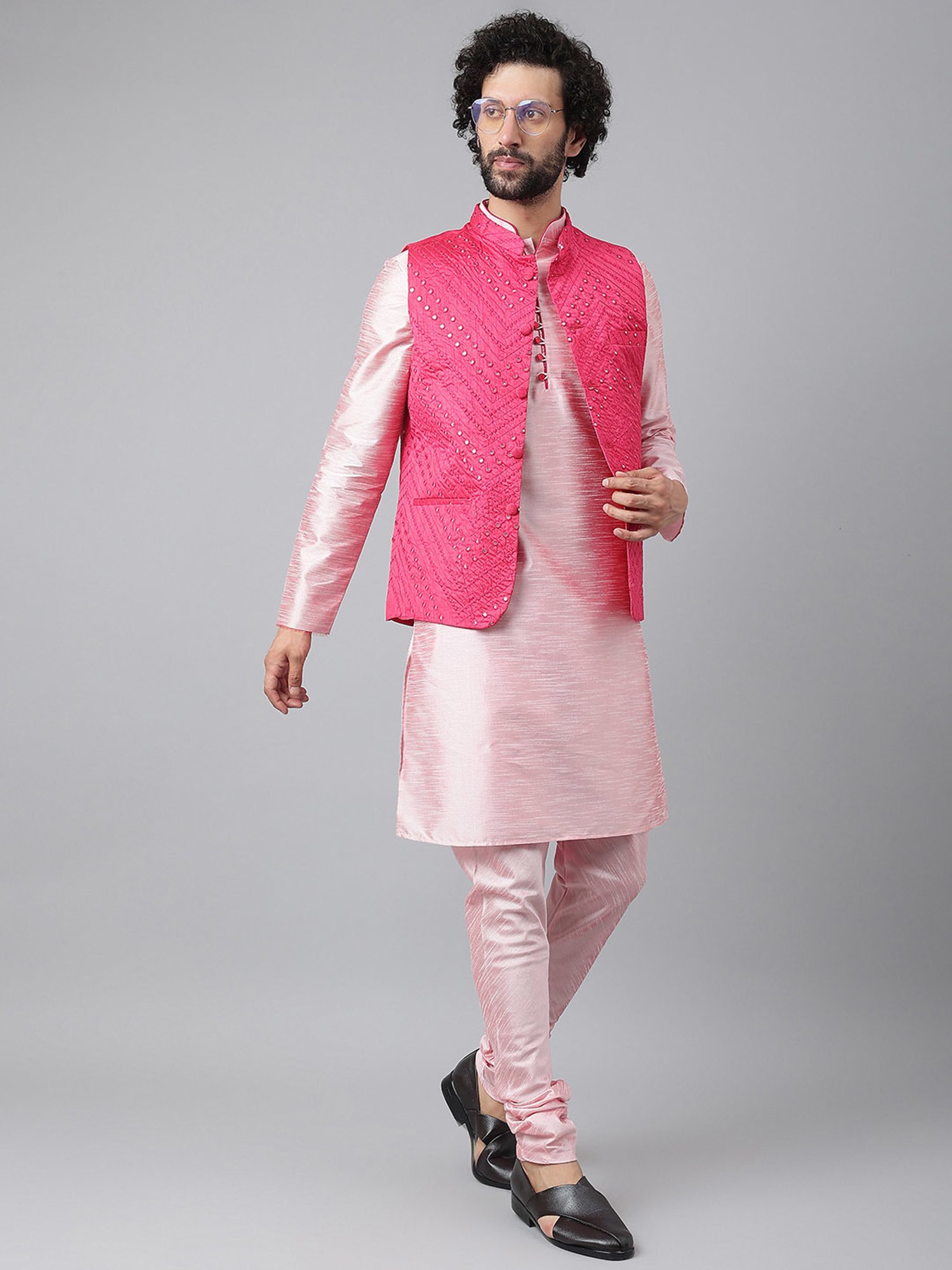 Hangup Plus Pink Regular Fit Embroidered Nehru Jacket