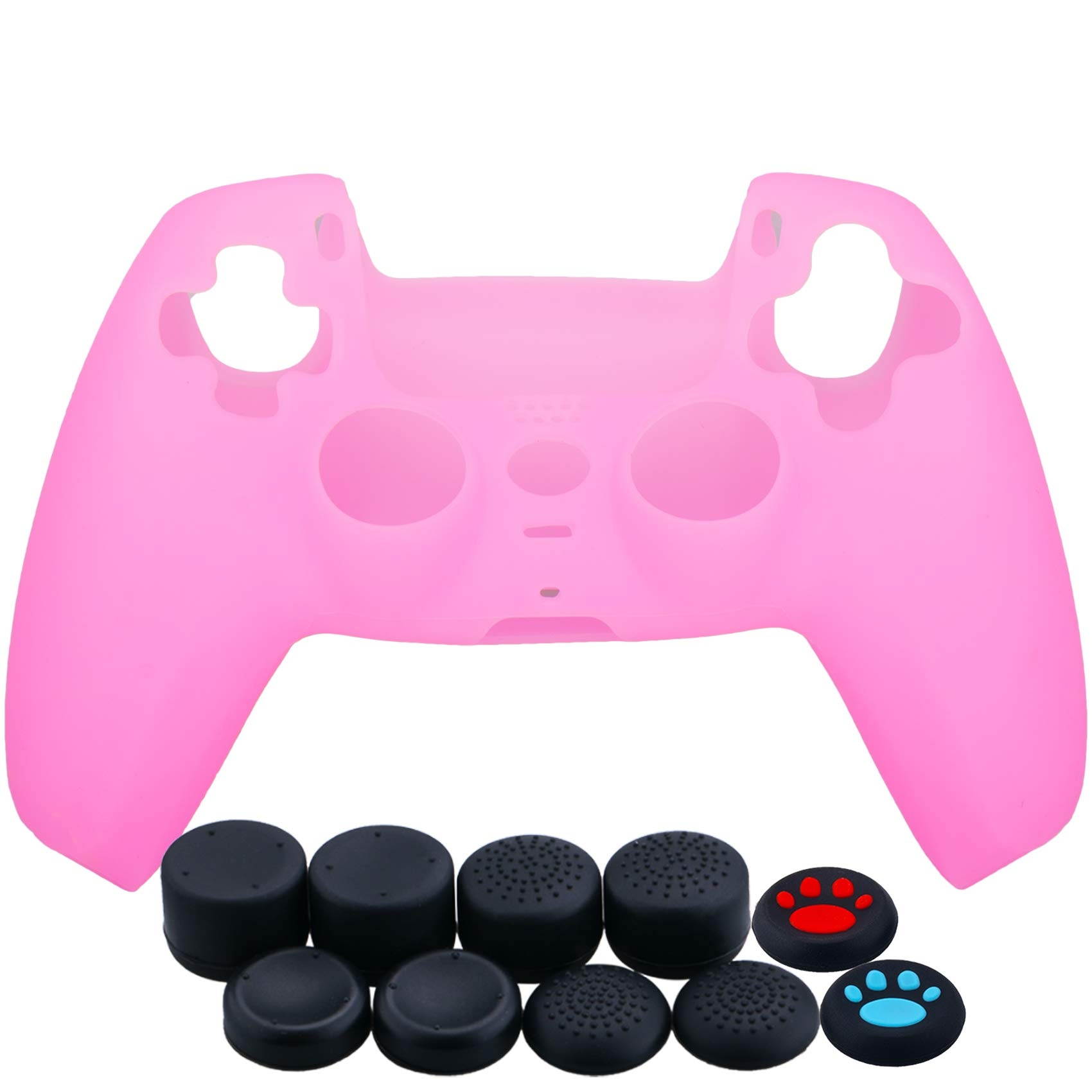 Silicone Thickened Cover Skin Case for Sony PS5 Dualsense Controller x 1(Pink) with Thumb Grips x 10