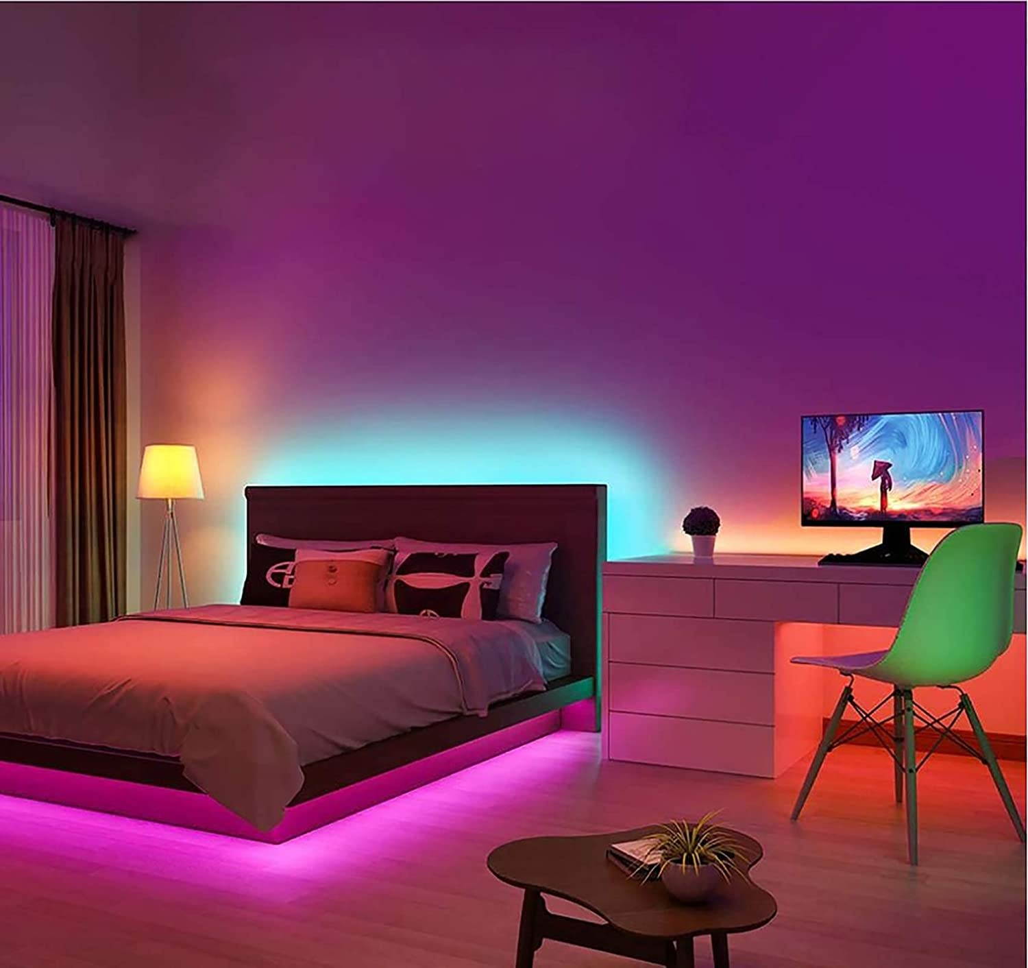 Daufri LED Lights for Bedroom 32.8ft RGB Dimmable Color Changing Light Strips Waterproof & Flexible with Remote and 12V Power Supply