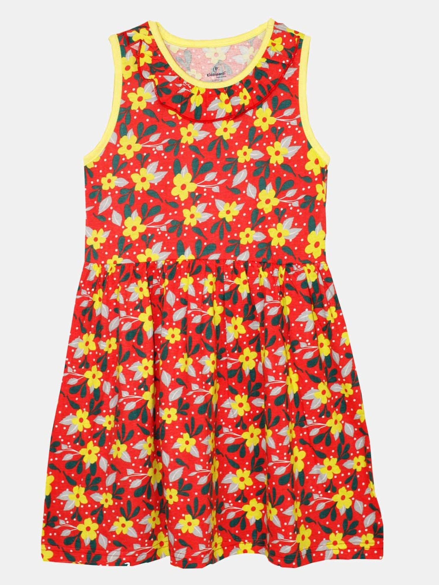 Kiddopanti Kids Red & Yellow Cotton Floral Print Dress