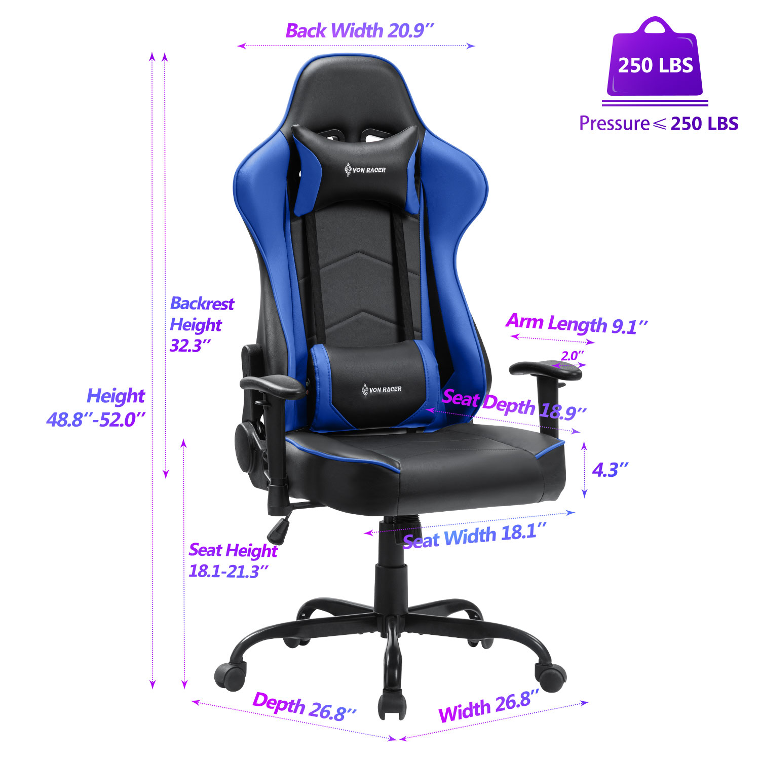 Gaming Chair, Racing Style Computer Desk Chair Padded Armrests Ergonomic Lumbar Support Adjustable Height