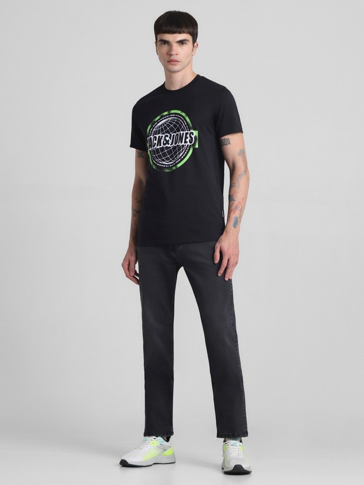 Jack & Jones Jet Black Cotton Slim Fit Printed T-Shirt