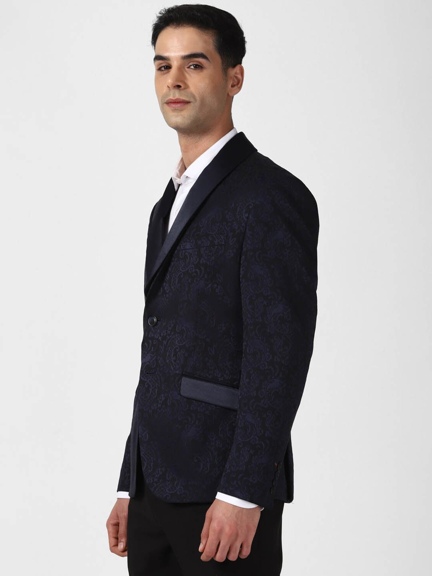 V Dot Navy Blue Skinny Fit Printed Blazer
