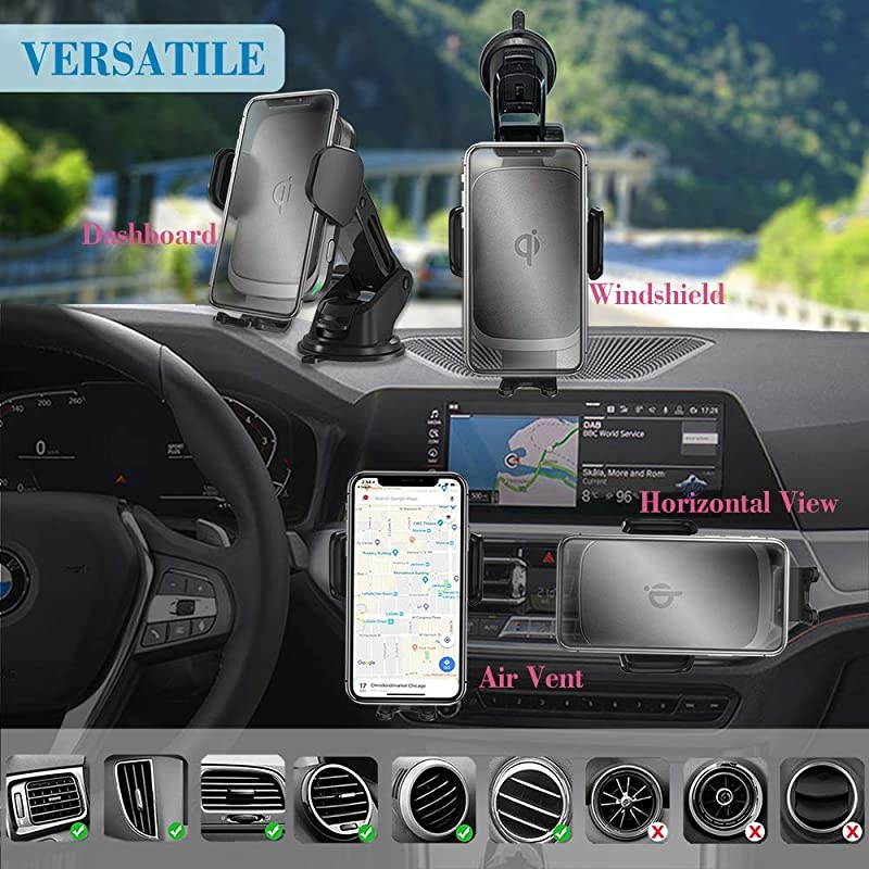 Wireless Charger Car Mount for iPhone 11ProMax iPhone SE XSX Note 10Plus Note 9 S10+S10 Fast Charging Auto Clamp Qi Phone Holder for VentWindshieldDashboard by QC Adaptor Included