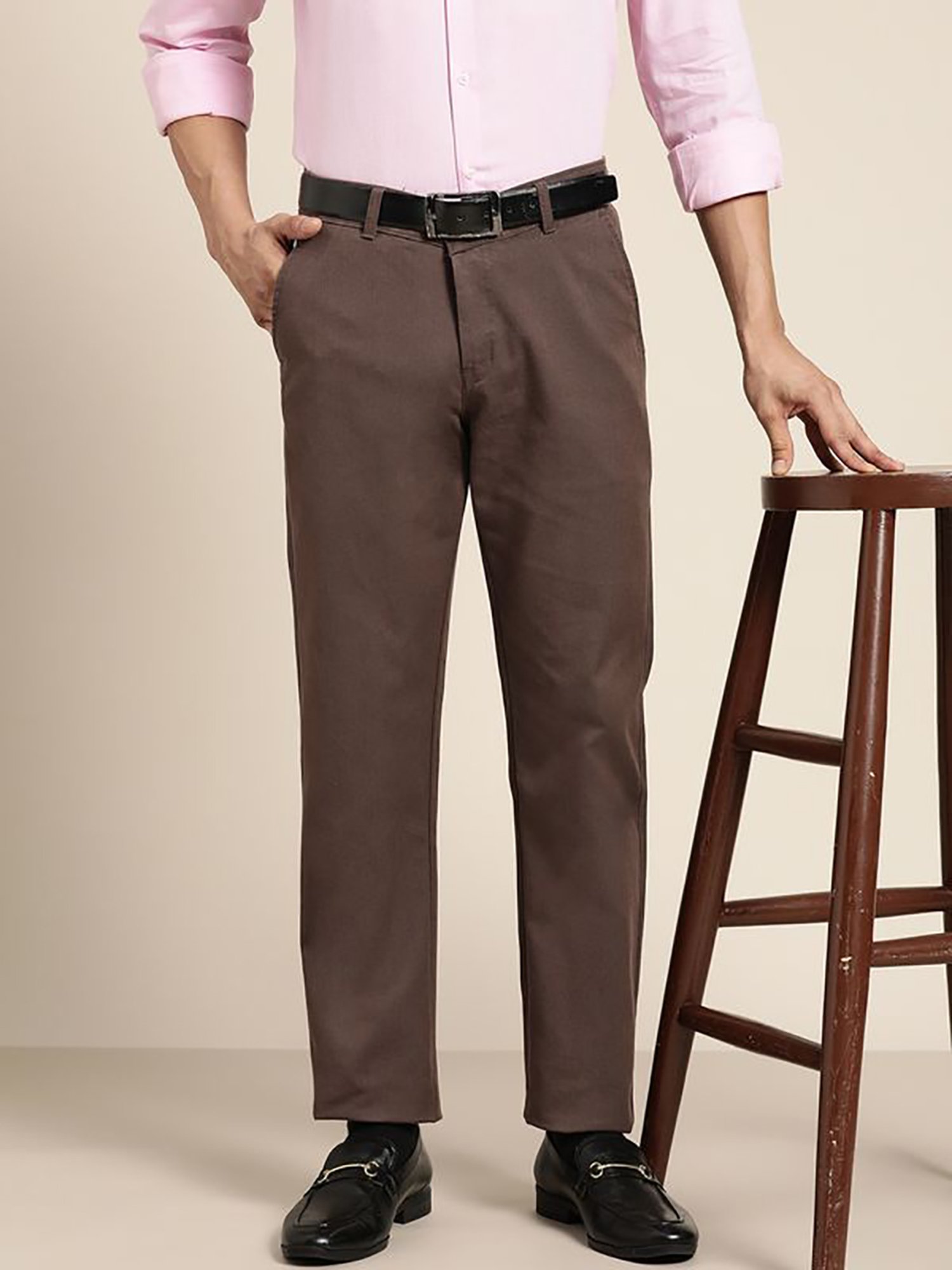 Hancock Brown Cotton Slim Fit Solid Trousers