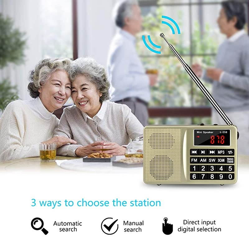 AM SW AllBand Receiver with Best ReceptionPortable Radio with Headset OutputAUX InputMP3External SpeakerTF CardStores Stations Automatically and Powered by Lithium Battery