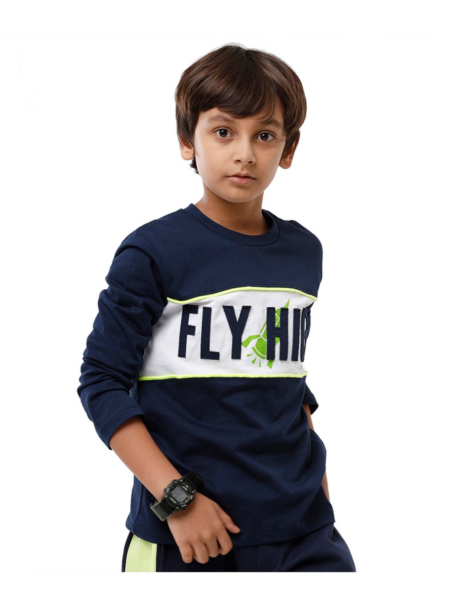 Under Fourteen Only Boys Navy & White Applique Full Sleeves T-Shirt
