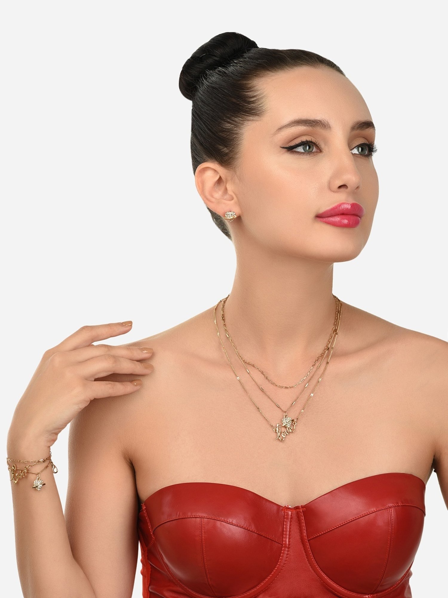 Zaveri Pearls Gold Tone 3 Layers Love Heart Charm Necklace Chain Earring Bracelet Set-ZPFK12077