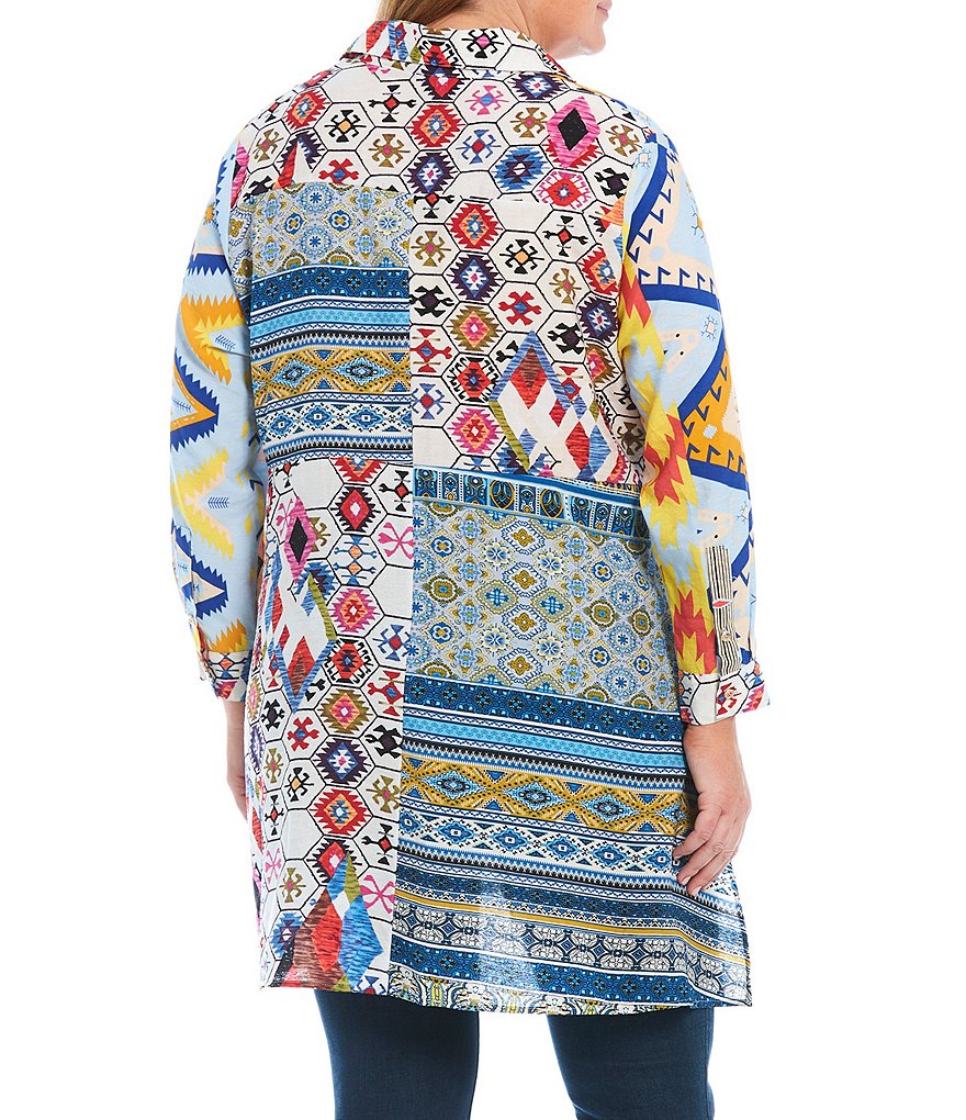 Calessa Plus Size Southwest Print Point Collar Neck Long Cuffed Sleeve Duster Tunic