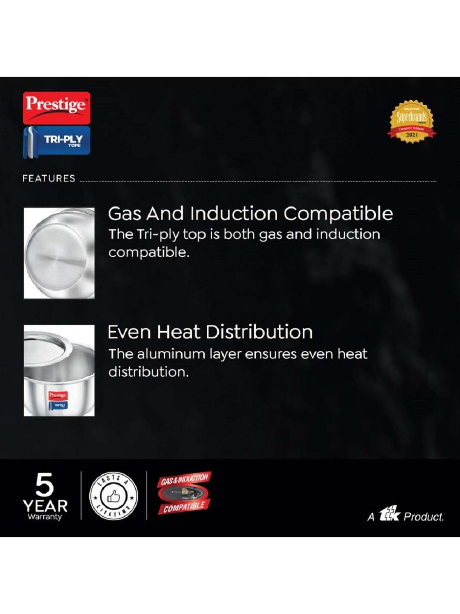 Prestige Silver Tri-Ply 22 cm Induction Compatible Tope With Lid (3.9 L) - Set of 1