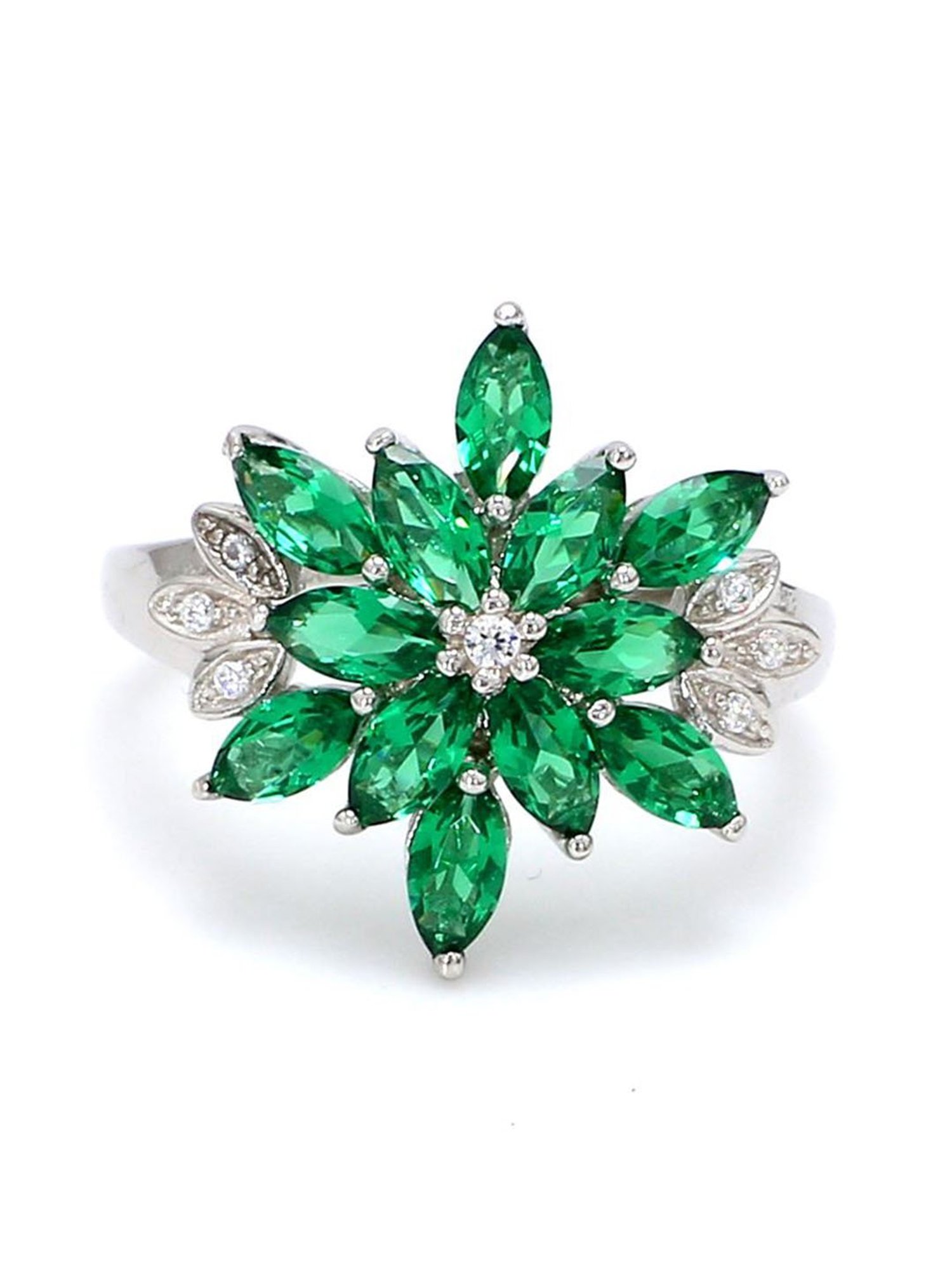 925 Silver Green Emerald and American Diamond Cluster Flower Ring for Women & Girls