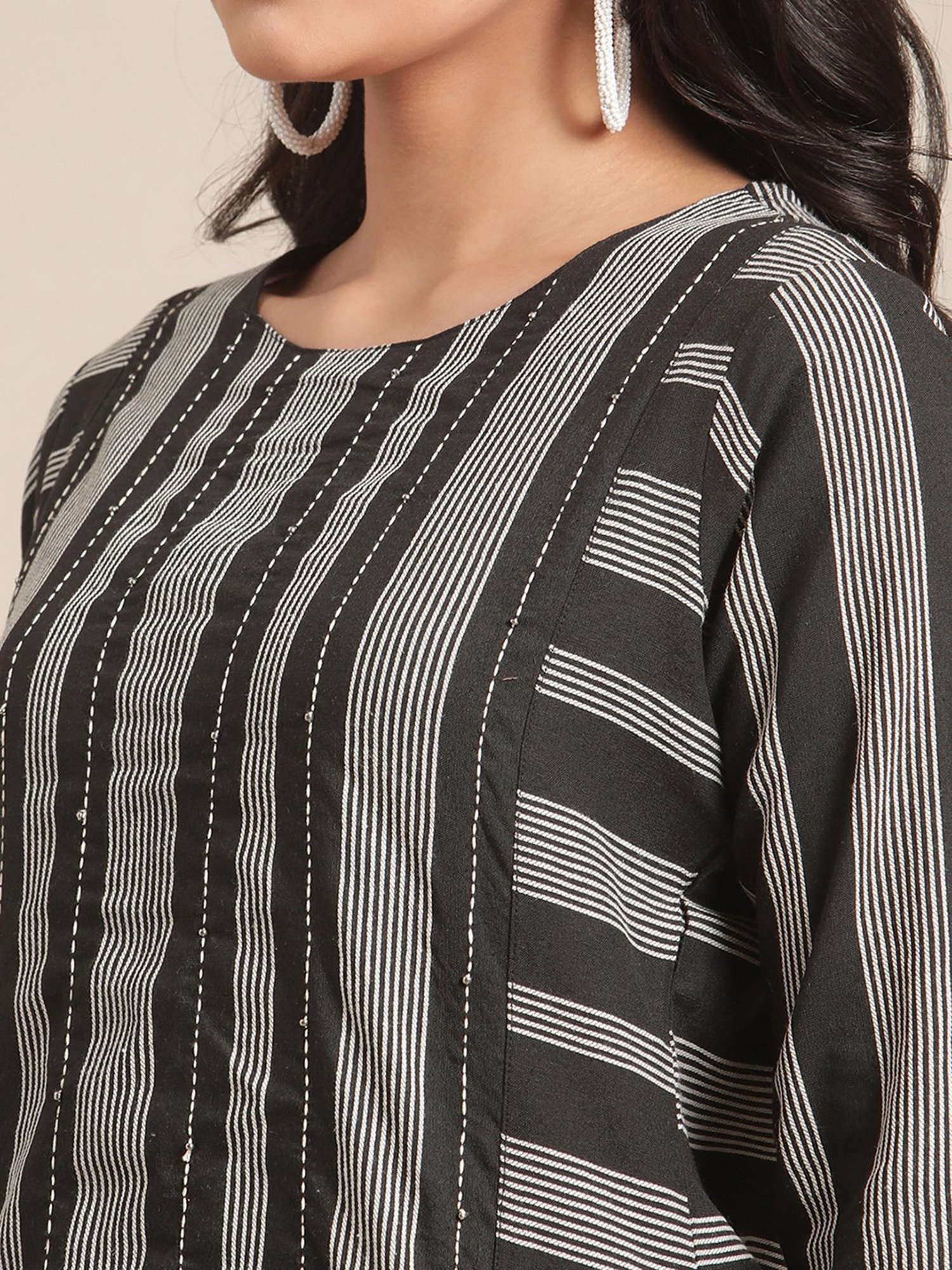 KSUT Black Cotton Blend Striped Kurta Pant Set
