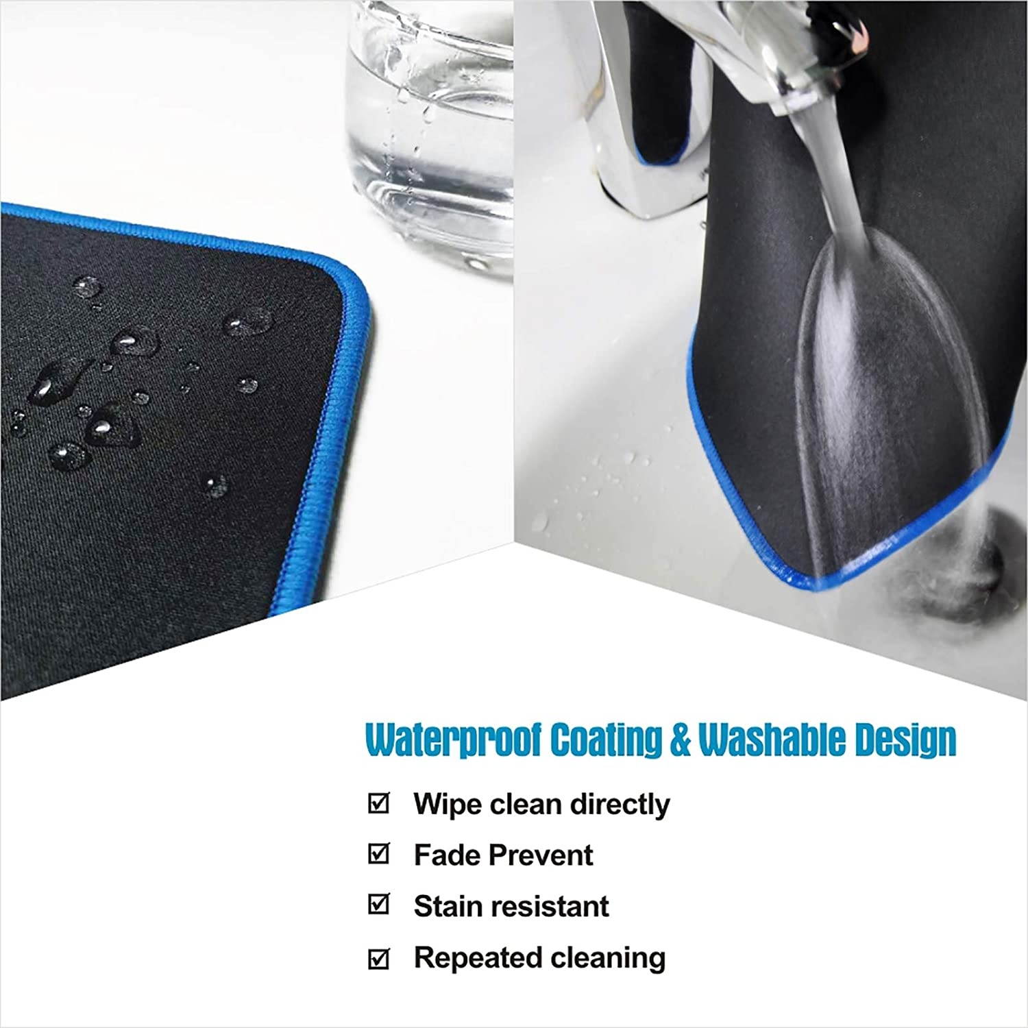 Mouse Pad Gaming with Blue Non Slip Rubber Base (12.6x10.6x0.16in), 4mm Thick Computer Mousepads Mat with Stitched Edge, Black Smooth Jersey Surface Mouse Pad for Laptop, Computer, Home&Office, Desk
