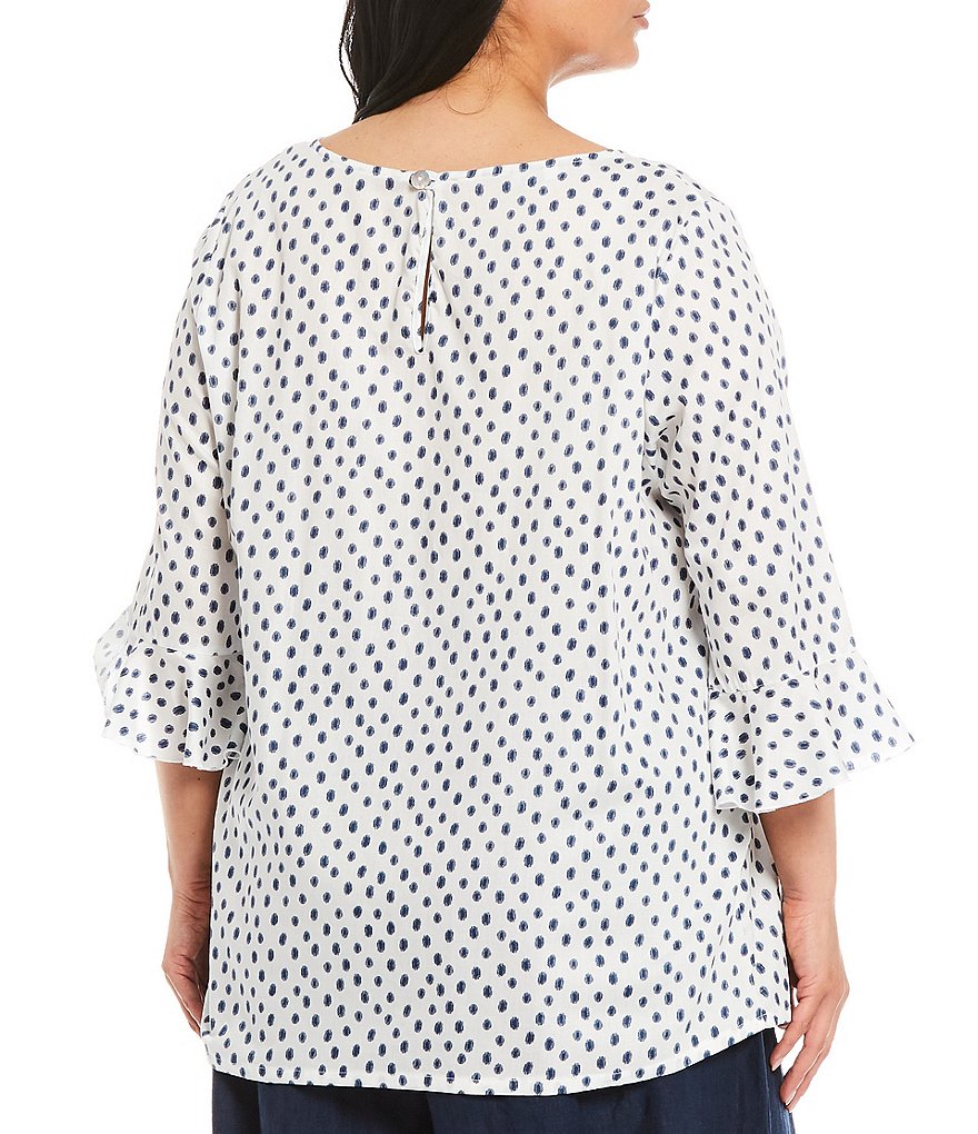 Bryn Walker Plus Size Chiara Jewel Neck 3/4 Ruffle Sleeve Cotton Dotted Blouse