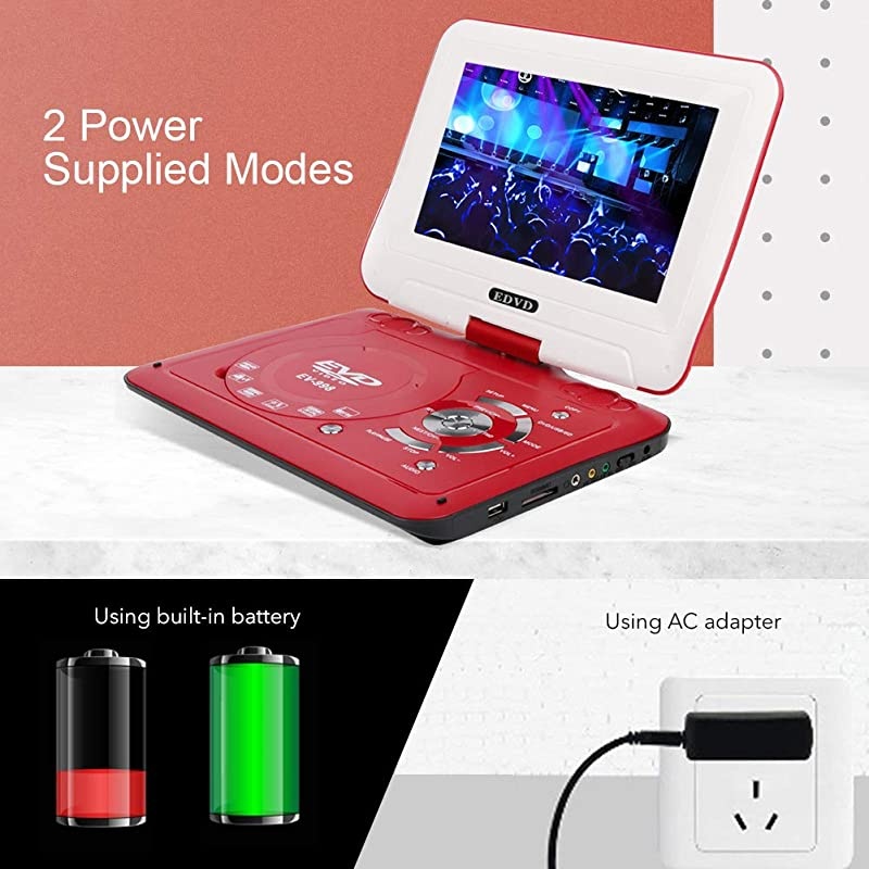 98 Portable DVD Player Supports SD CardUSB PortCDDVD Rede Controller2 Hour Rechargeable Battery 9 EyeProtective Screen Support AVinOutRegion Free Red