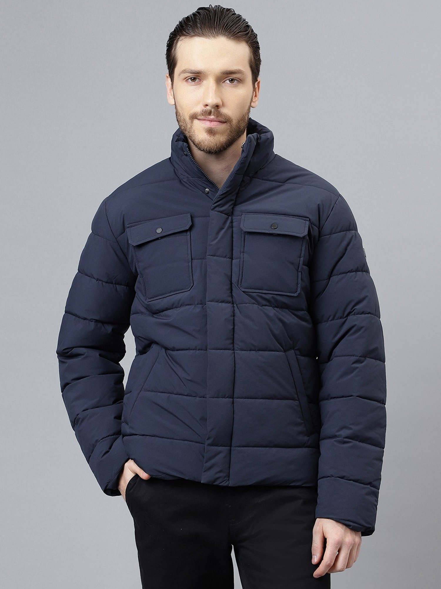 Woods Navy Regular Fit Quilted Jacket