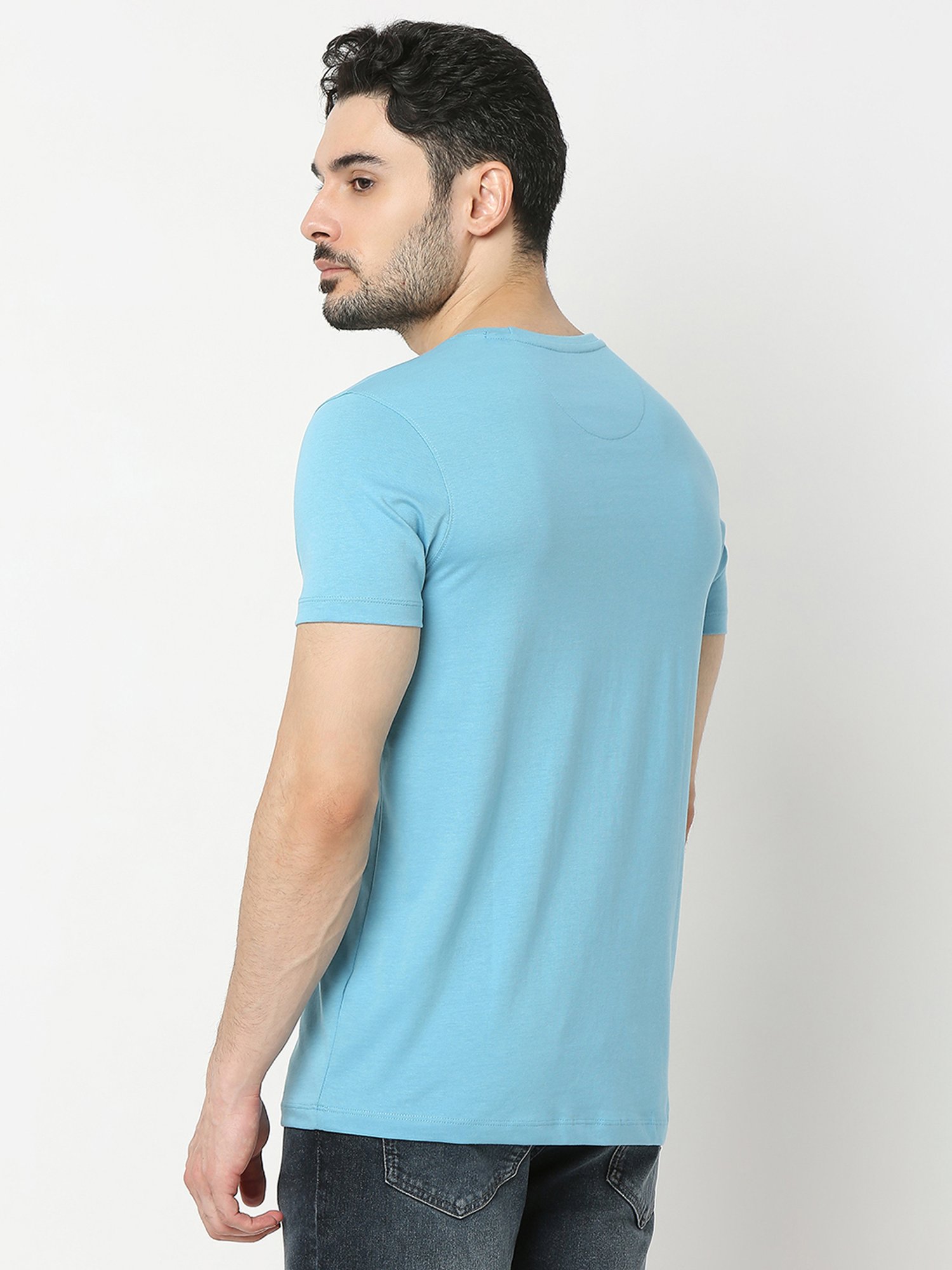 UnderJeans by Spykar Blue Regular Fit Printed Cotton Crew T-Shirt