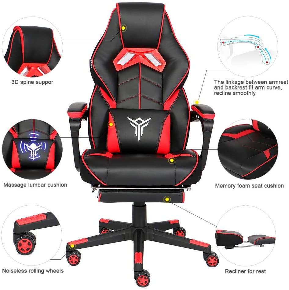 Racing Gaming Chair with Footrest and Massage Lumbar Pillow, Swivel Height Adjustable Reclining PU Leather Video Game Chair, E-Sports Gaming Chair Big and Tall