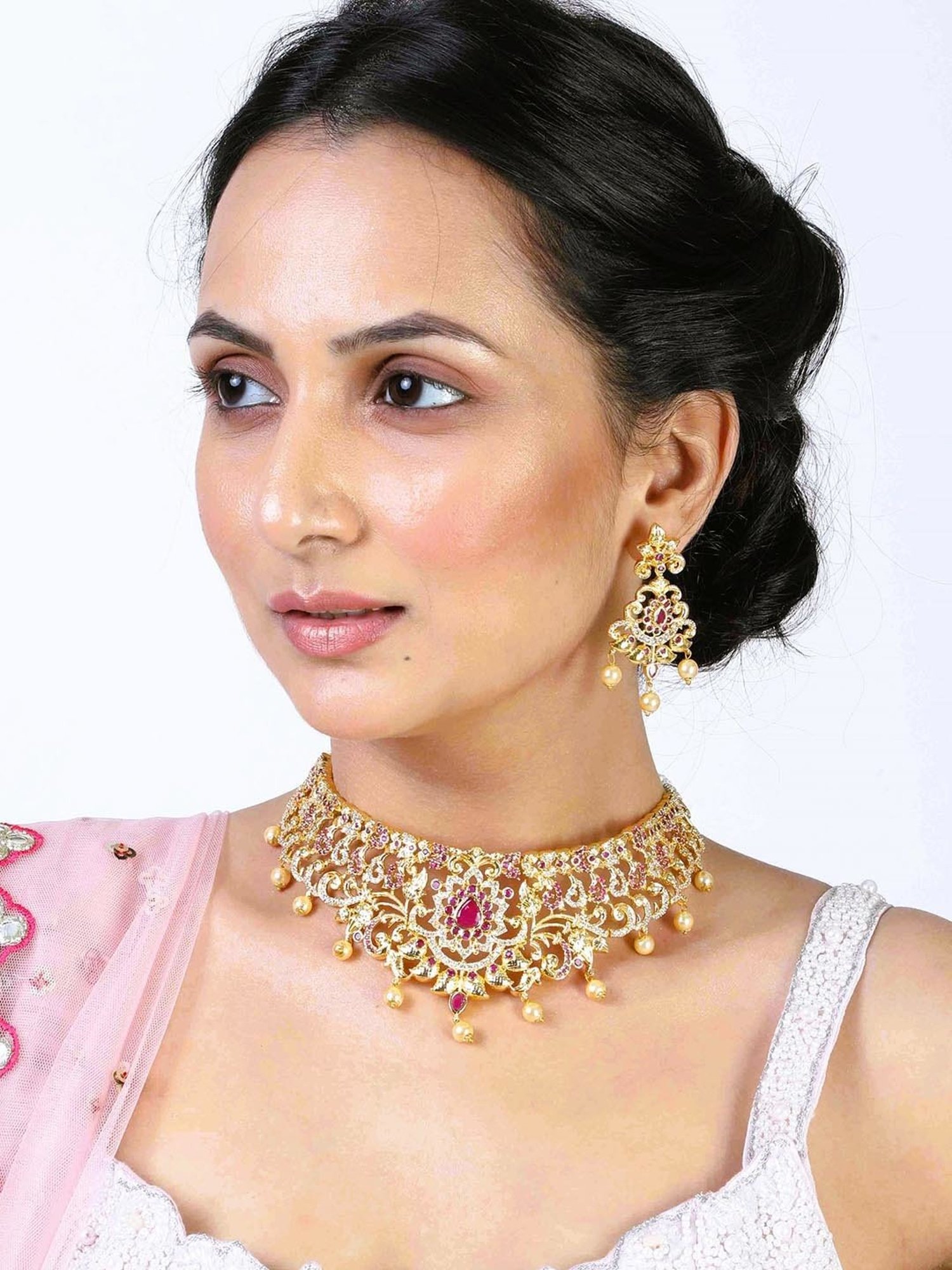 Estele Gold-Plated CZ Magnificent Bridal Choker Necklace Set with Pearls for Women