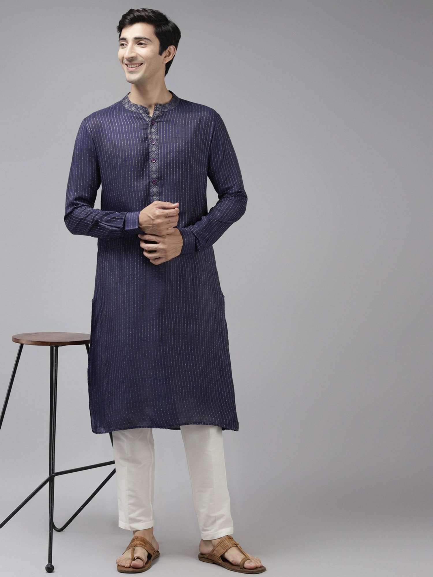 See Designs Blue & White Regular Fit Self Pattern Kurta Bottom Set