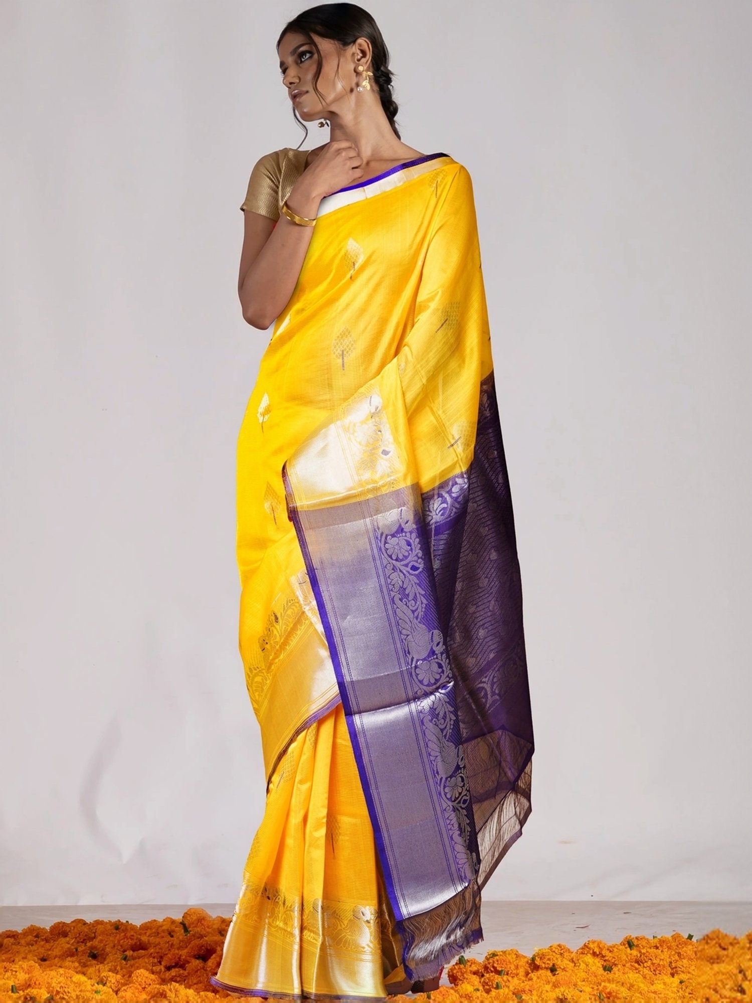 Unnati Silks Yellow & Purple Silk Printed Saree With Unstitched Blouse