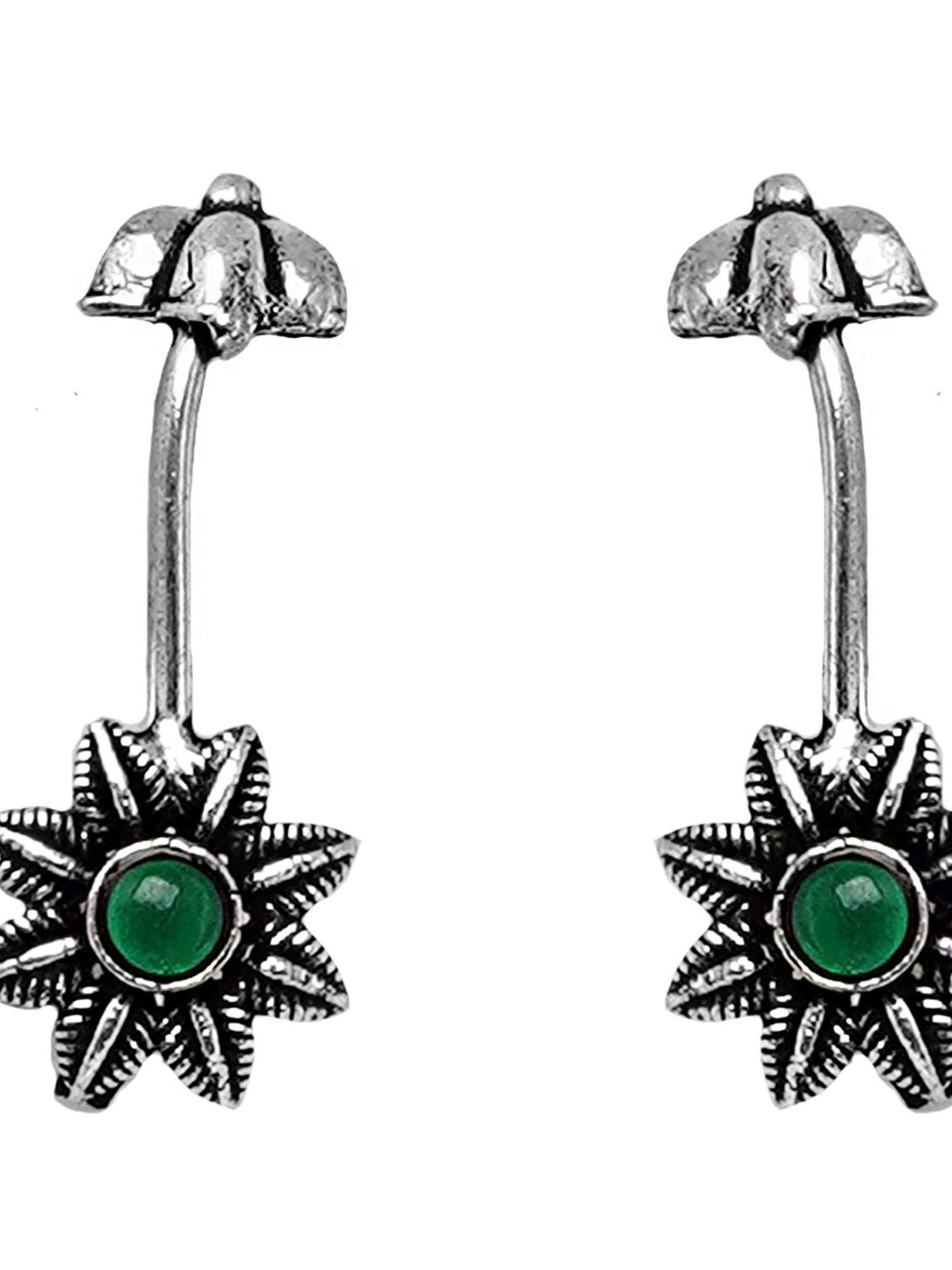 Teejh Ethnic Krisha Green Stone Silver Oxidsed Ear Cuff Earrings
