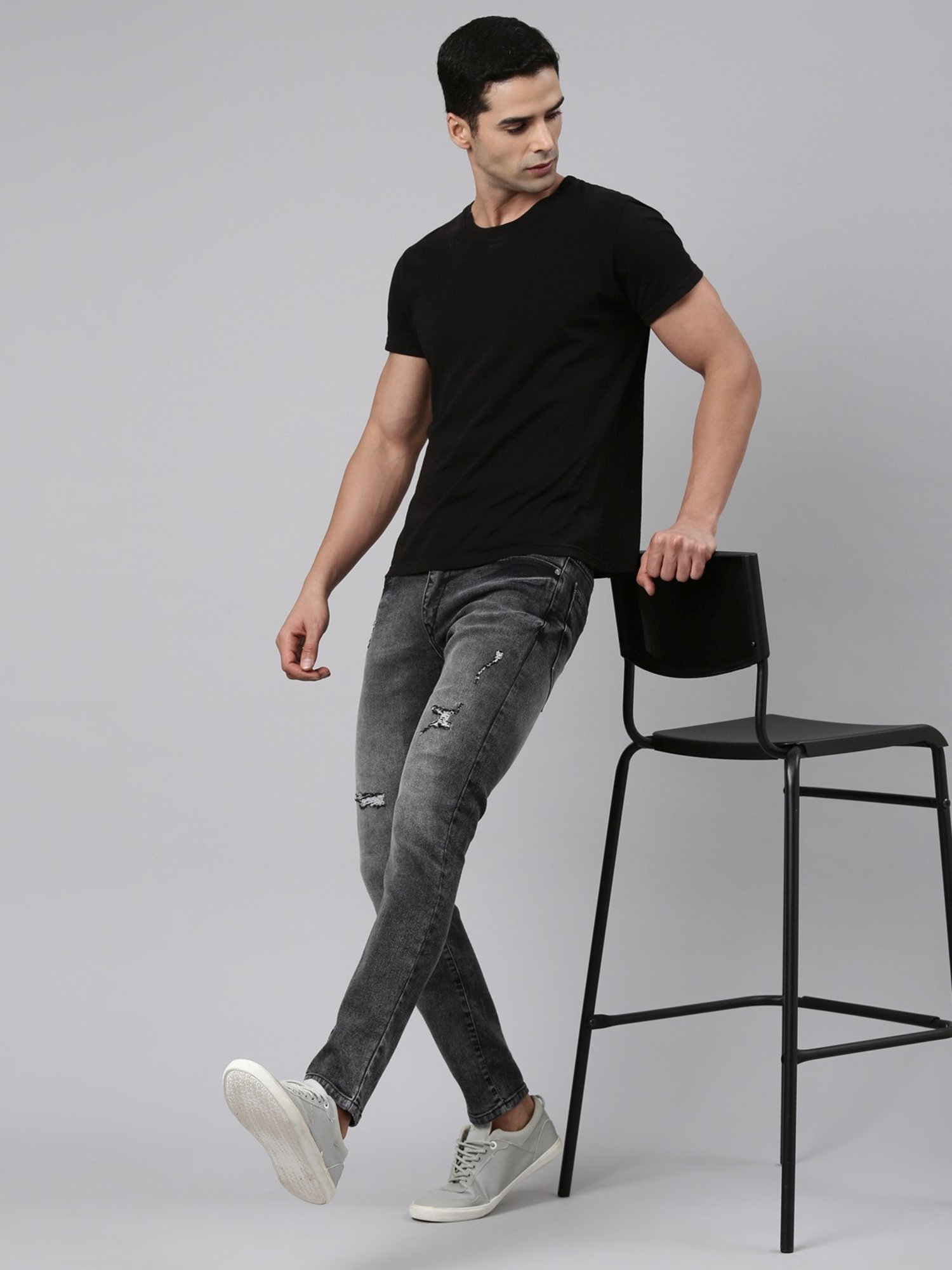 CINOCCI Black Cotton Slim Fit Distressed Jeans