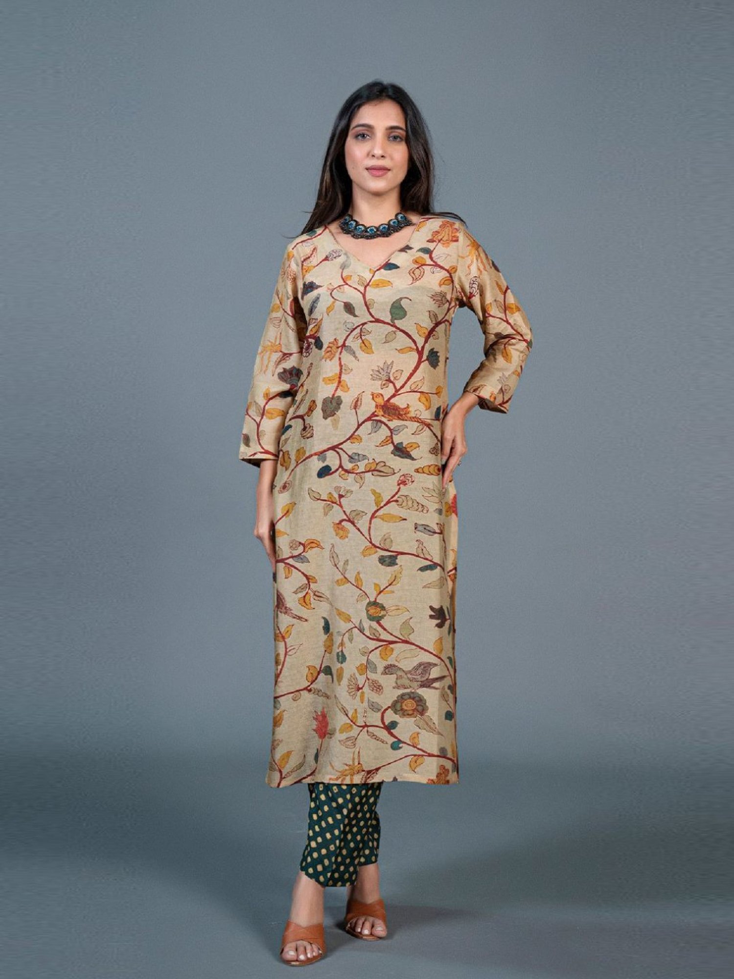 Eeshva India Beige Kalamkari Printed Kurta Pant Set