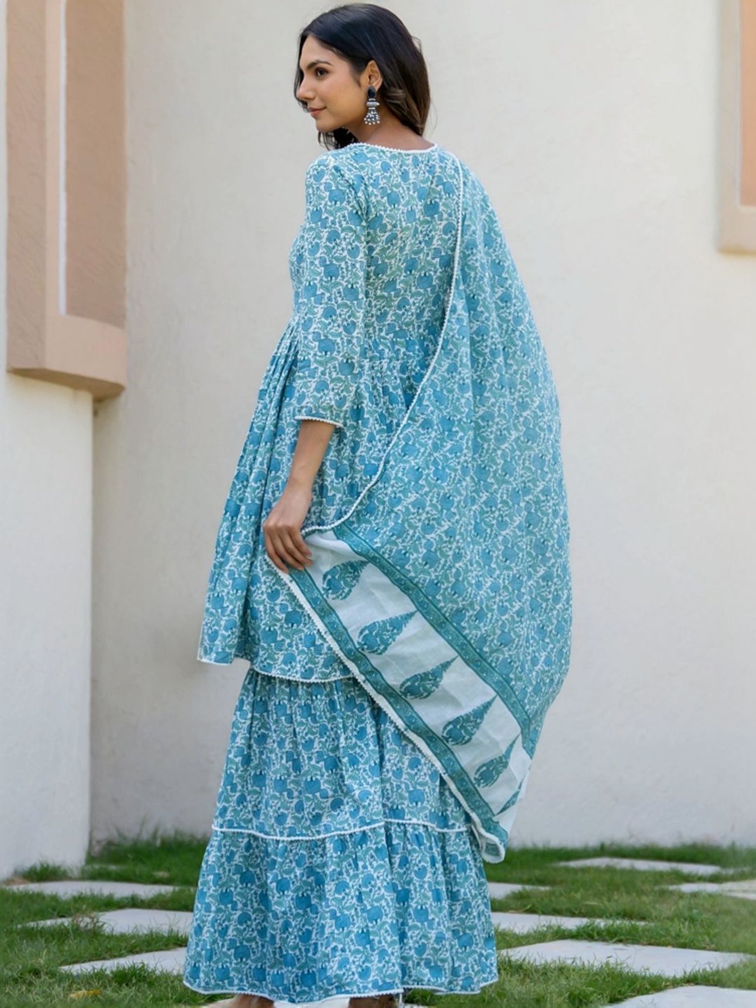 HOUSE OF JAMOTI Blue Cotton Printed Short Kurti Sharara Set With Dupatta