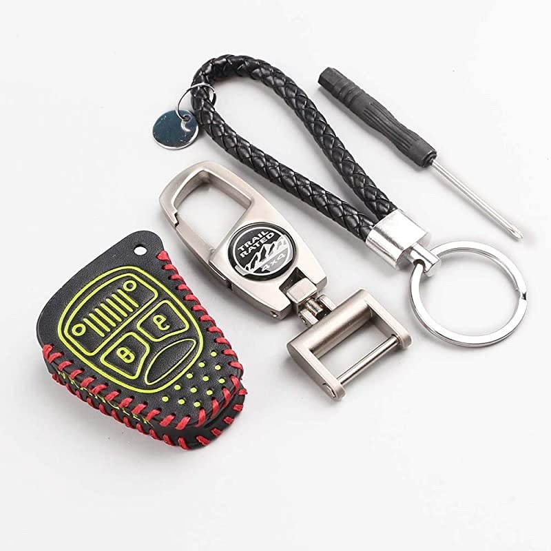 Key Fob Cover for Jeep,  Leather Car Remote Green Key Fob Shell Case Protector for Jeep Wrangler JK 2007-2017 JKU 2D&4D