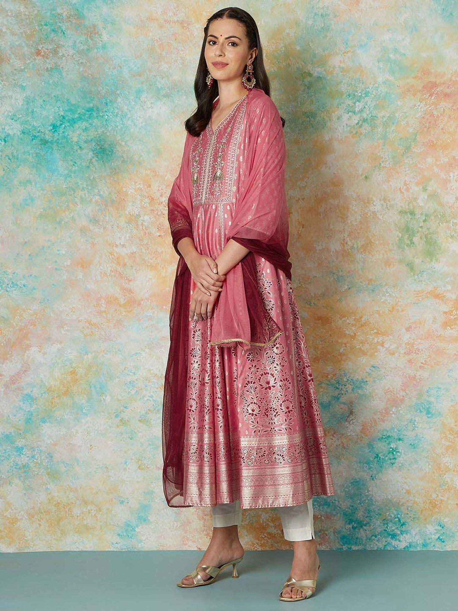 Melange by Lifestyle Pink Embroidered Kurta & Pant Set With Dupatta