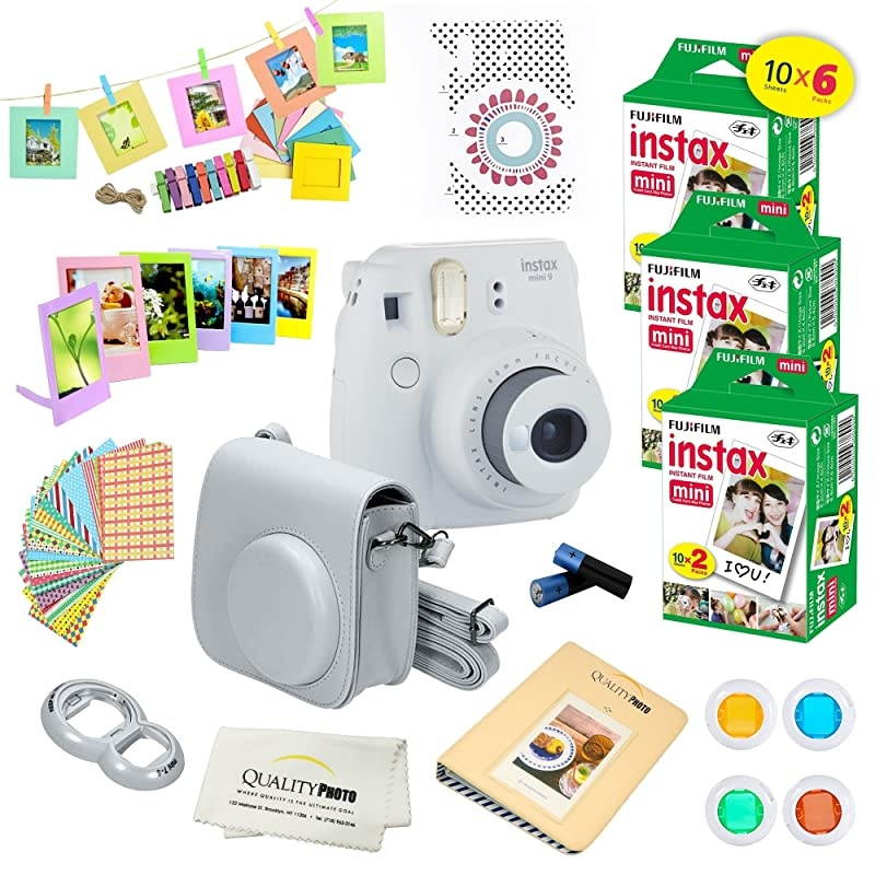 Instax Mini 9 Instant Camera Smokey White w/ Instax Mini 9 Instant Films (60 Pack) + A14 Pc Deluxe Bundle for  Instax Mini 9 Camera
