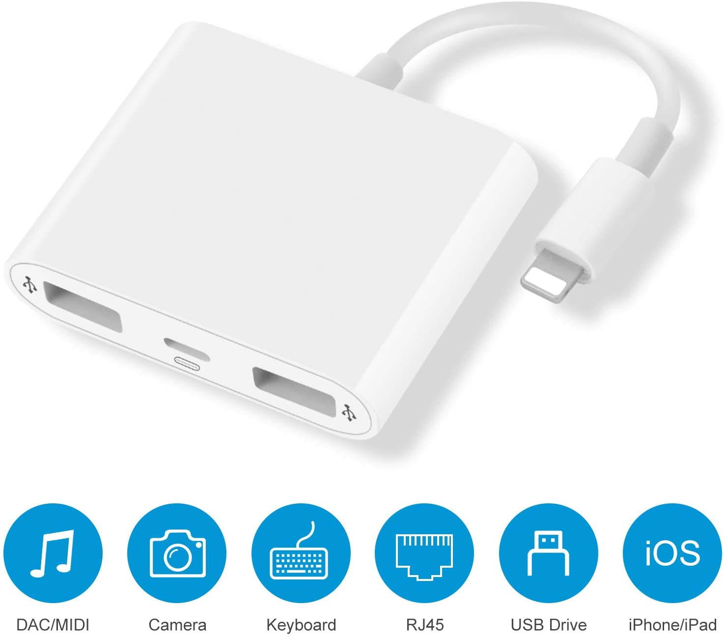 Dual USB Camera Adapter with Charging Port, 3 in 1 USB Female OTG Cable Compatible with iPhone/iPad, Support iOS 9.2 to 13+, USB Flash Drive, Card Reader, Mouse, Keyboard, Upto 500mAh (White)