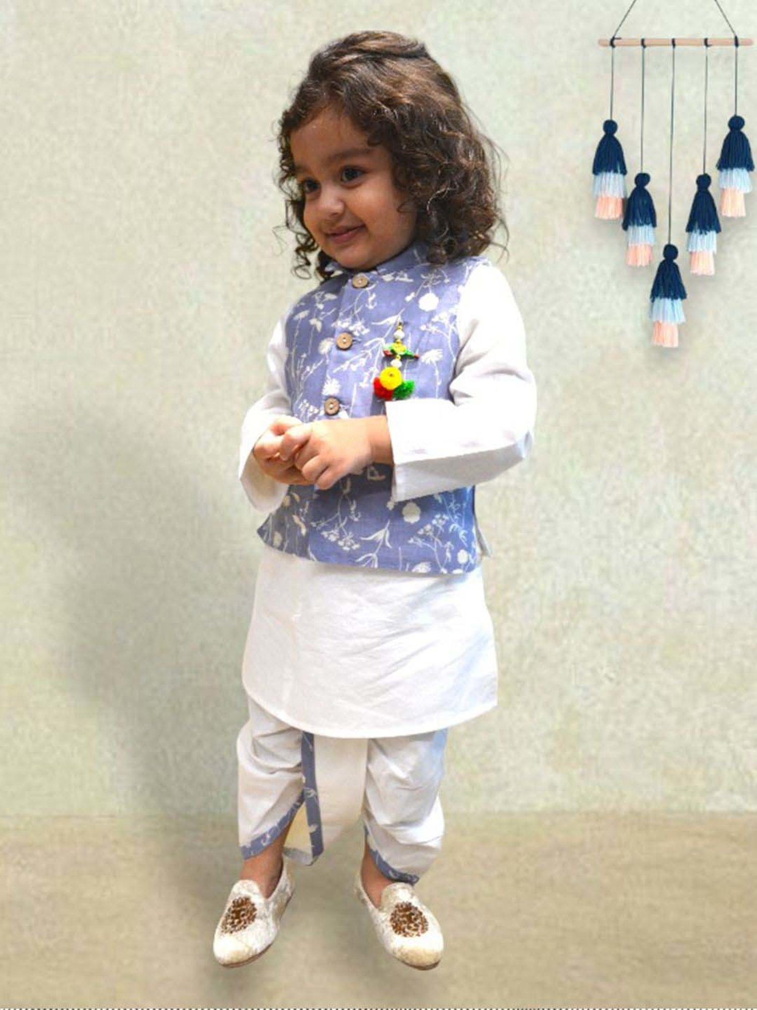 A.T.U.N. Boys Ivory & Blue Cotton Printed Full Sleeves Kurta Set