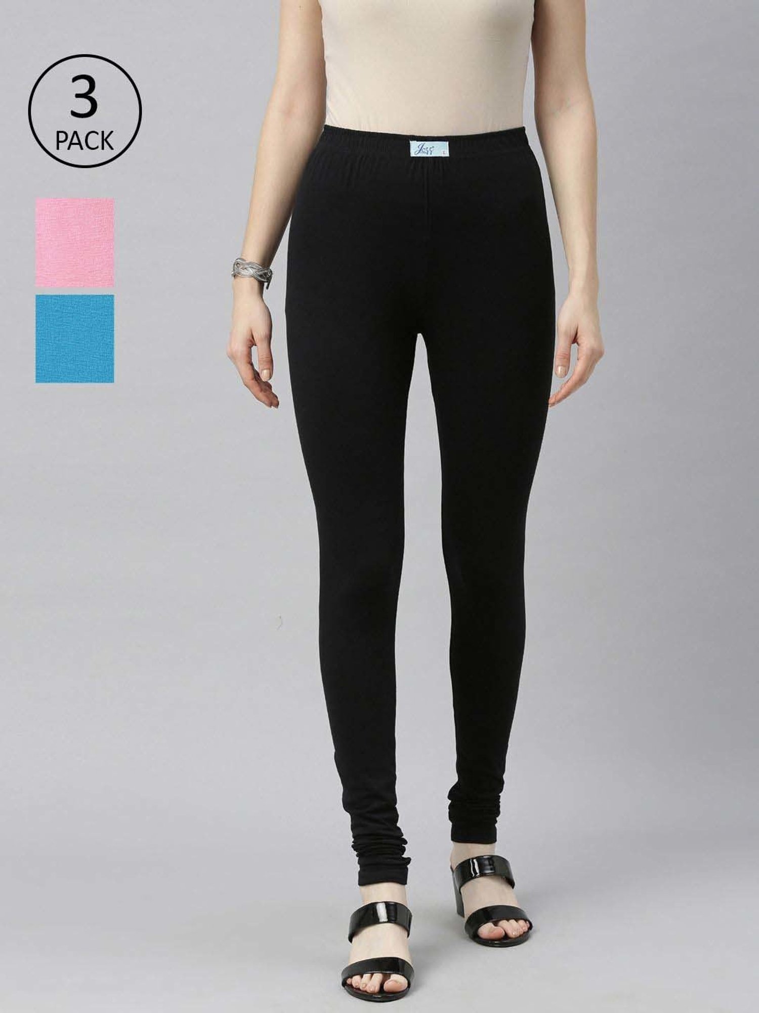 JCSS Black & Blue Cotton Leggings - Pack Of 3