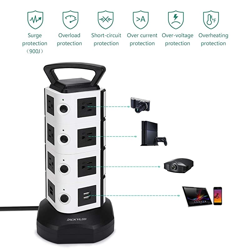 Power Strip Tower 14 Outlet Plugs with 4 USB Slot 65ft Cord Wire Extension 3000W Surge Protector Socket Charging Station for PC Laptops Mobile Devices