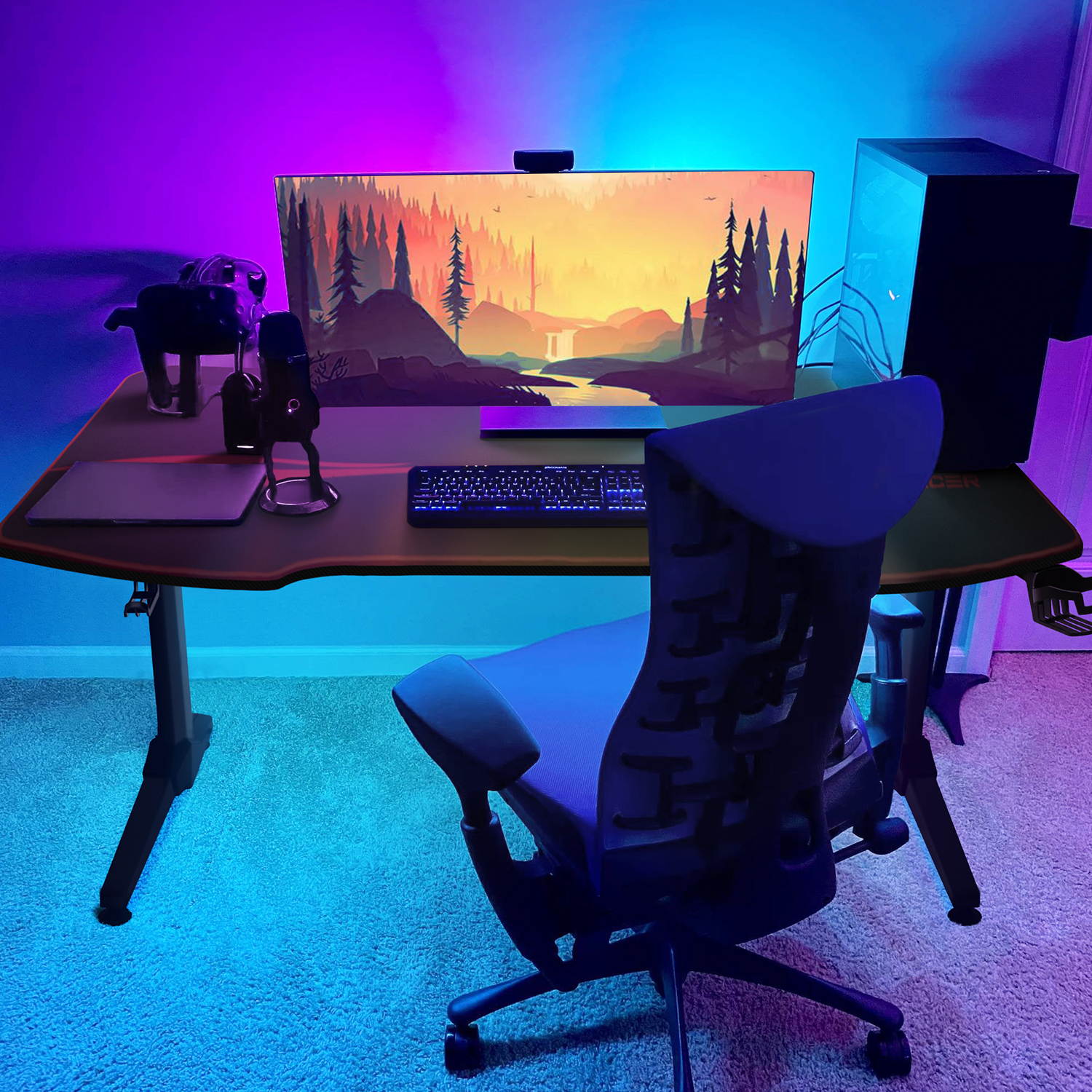 Homall 55 Inch Ergonomic Gaming Desk PC Computer Desk Home Office Table T-shaped Frame Table for Pressional Game Lover with Free Mouse Pad, Headphone Hook, Game Handle Rack and Cup Holder (Black)