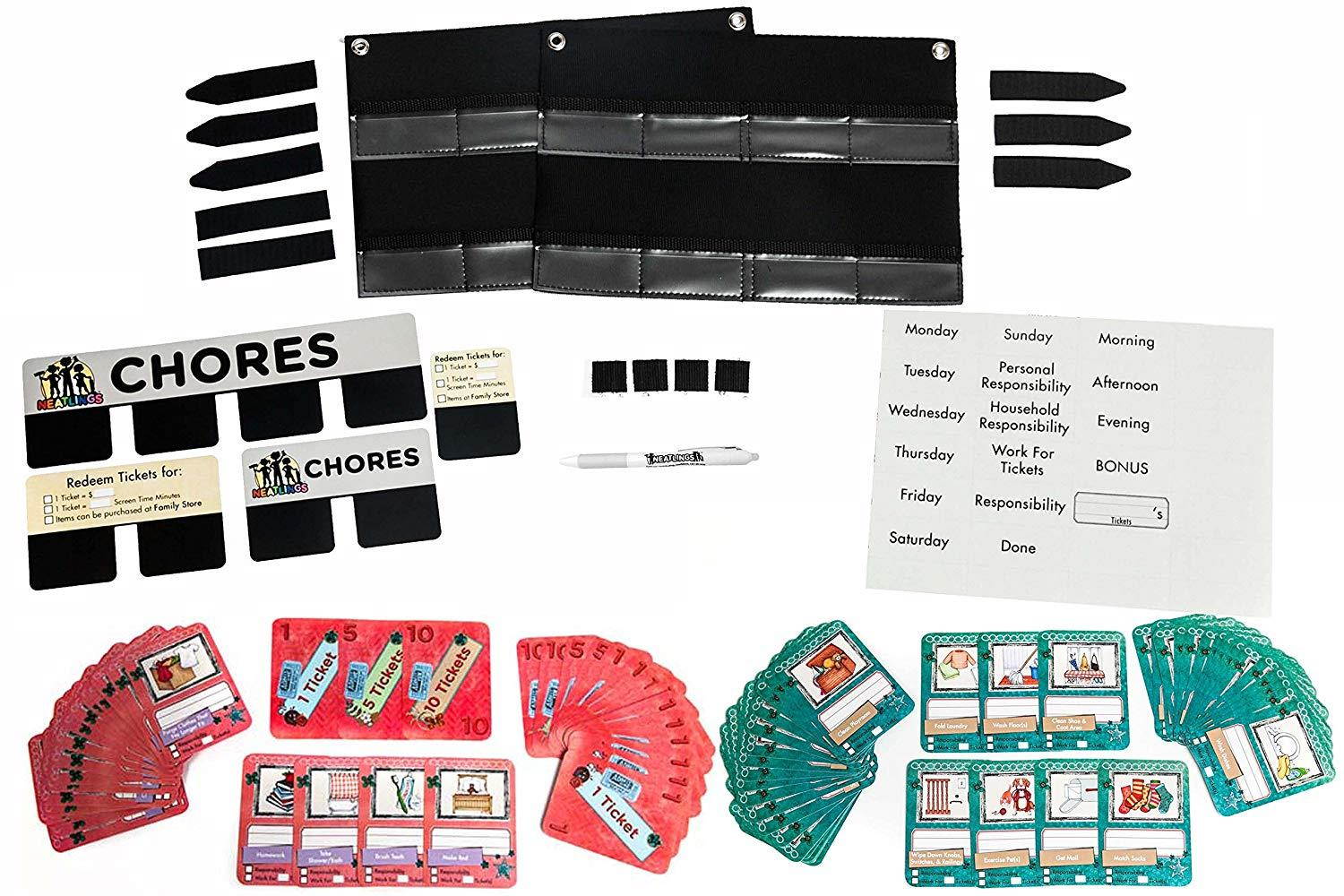 NEATLINGS Chore System - Chore Chart for Kids | 80+ Chores for Toddlers to Teens | Customize for 1 Child | Size 18&rdquo;x12.5&rdquo; | Teal Household Chore Cards/Pink Self-Care Chore Cards